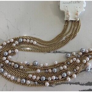 NEW Faux Pearl Beaded Necklace Earring Set Gold Tone Pink NWT Mom Wife Gift Glam